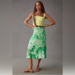 Farm Rio Dewdrop Floral Green Midi Skirt
